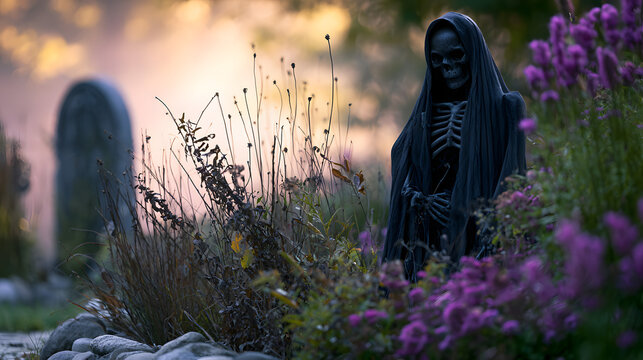 Haunted front yard halloween display with grim reaper props and eerie holiday decor