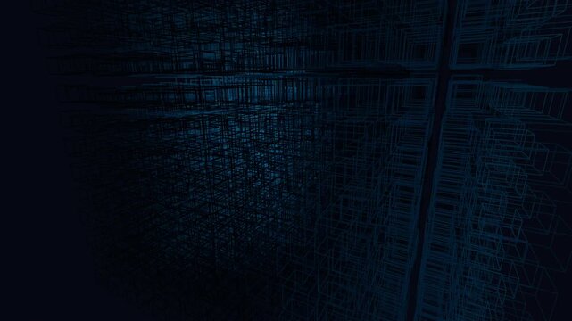 Abstract generative grid animation - seamless 4K loop. 3D geometric boxes pulse with data-driven displacement. Technology and data visualization background.