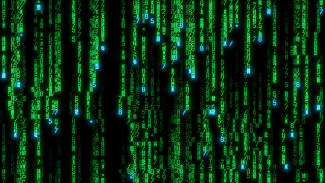 Chaotic digital data visualization with a dense arrangement of green and blue numbers and symbols on a black background, ideal for tech-focused designs, data analysis, and modern graphic projects.