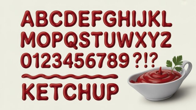 Red tomato ketchup font alphabet with letters and numbers, creative food lettering isolated on white background