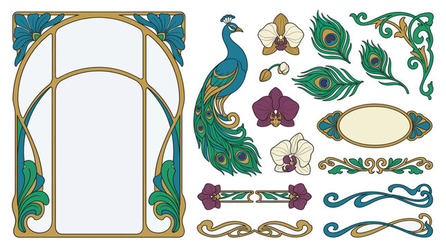 Art Nouveau peacock orchid ornament vector set with feather borders, botanical frames, floral dividers and elegant vintage decorative elements