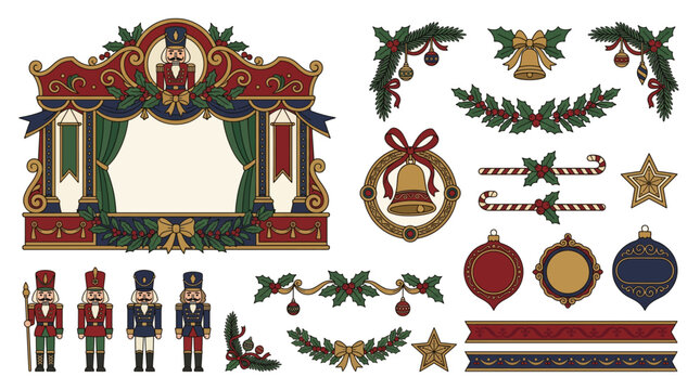 Vintage Christmas nutcracker ornament vector set with holly garlands, bell medallions, ribbon borders and festive decorative frame elements