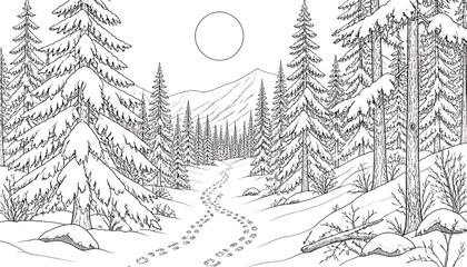 Obraz premium Detailed Snow-Covered Pine Forest Line Art Coloring Page 