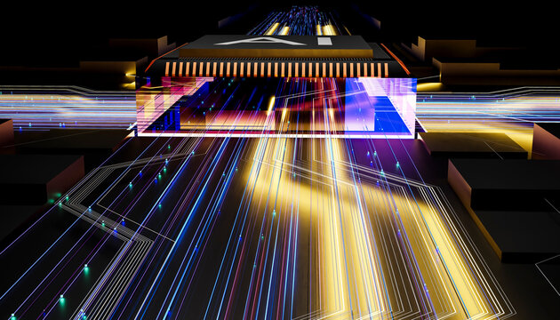 3D render of an AI chip with glowing digital lines