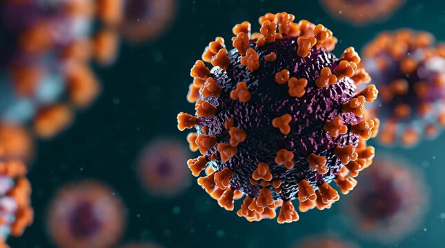 Virus particles with orange protrusions floating in the air.