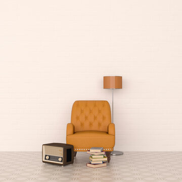 3D rendering, Leather armchair and floor lamp with radio and stack of books