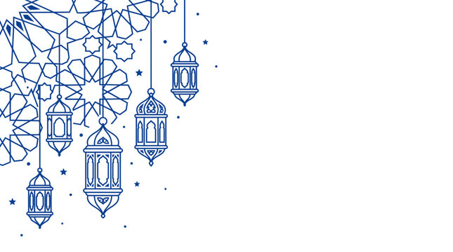 Blue line art of hanging traditional lanterns and Islamic geometric patterns on a clean white background, symbolizing Ramadan Kareem greeting cards or Eid al-Fitr digital banners