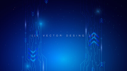 Obraz premium A high-tech background with electronic circuit patterns and blue arrows, illustrating data flow, connectivity, and advanced digital systems.