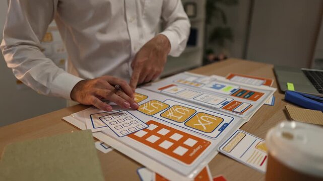 Business professional reviewing mobile application wireframes and user interface layouts while planning digital product development, UX design strategy, software features, and workflow optimization.