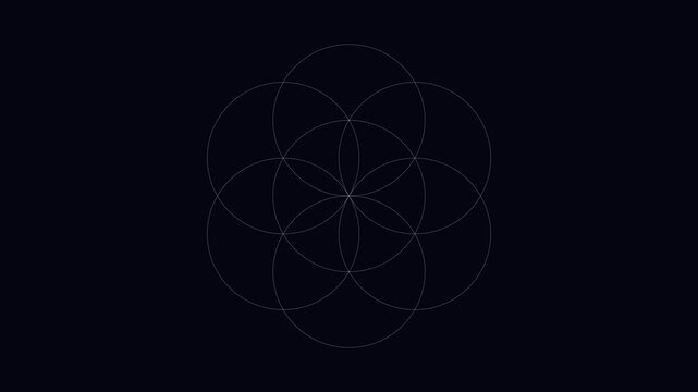 Sacred geometry mandala - seamless 4K loop. Radial symmetry with glowing 3-pass strokes on dark chakra-tinted background. For meditation, yoga, sound bath, frequency healing.