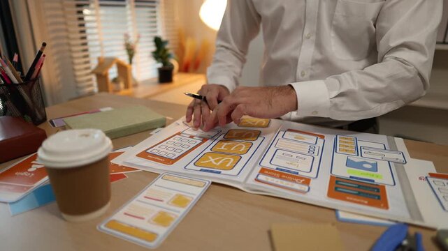 Business professional reviewing mobile application wireframes and user interface layouts while planning digital product development, UX design strategy, software features, and workflow optimization.