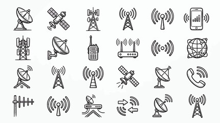 Fototapeta premium Set of hand-drawn telecommunication icons featuring satellite dishes, radio towers, signals and antennas, representing global networking infrastructure and illustrating wireless connectivity
