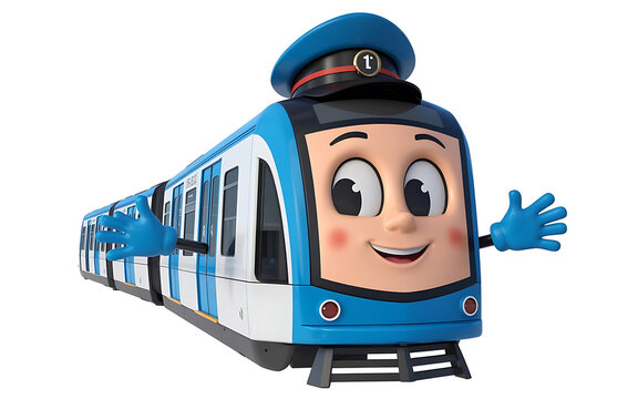 Cartoon train mascot with waving hands 3d render