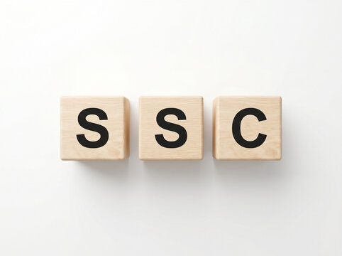 SSC Staff Selection Commission wooden letter blocks front view for government jobs and career preparation concept