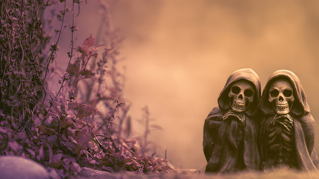 Retro comic book horror background with grim reaper skeletons and spooky garden decor