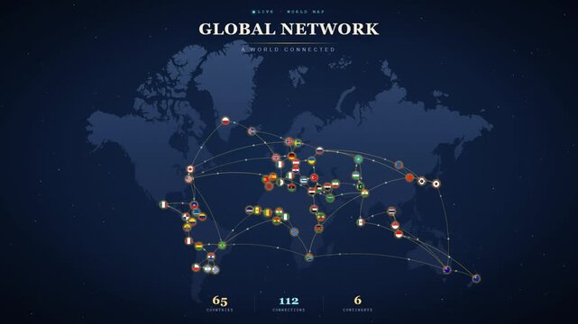 Global network world map animation with country flag node connection line and statistic counter