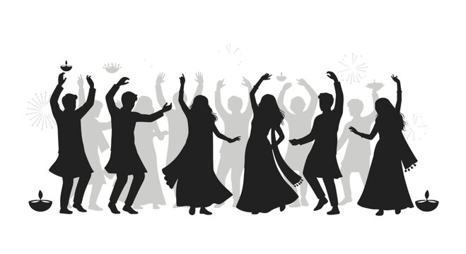 Silhouettes of people dancing in traditional Indian attire during a festive celebration.