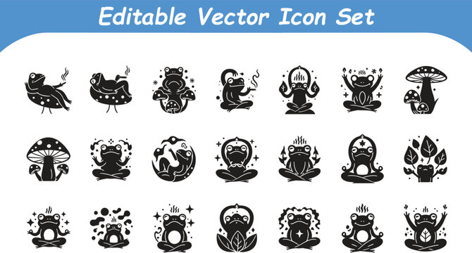 Set of magical frog characters in celestial and meditation themes with meditation, celestial