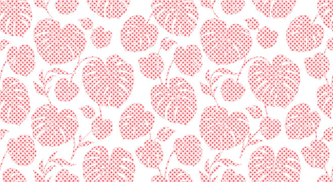 Tropical monstera leaf pattern, seamless botanical foliage design, pink cross-stitch embroidery texture, decorative summer plant vector isolated PNG with Transparent Background