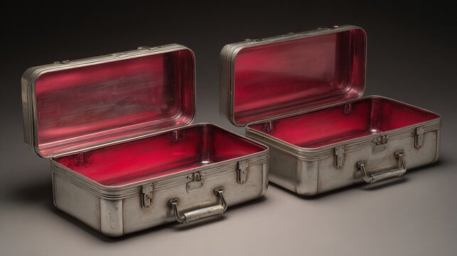 Two open silver briefcases with red interiors on a gray surface