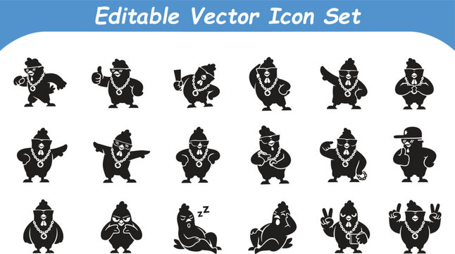 Cool gorilla mascot characters wearing chains and streetwear in various poses as vector icons
