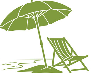 Relaxing beach vacation silhouette, green parasol and lounge chair vector, summer holiday travel illustration, resort leisure graphic asset isolated PNG with Transparent Background © Abida
