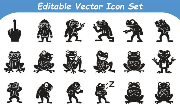 Collection of cartoon frog character icons and poses with character silhouette amphibian activity