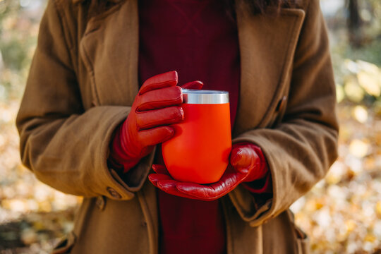 Person holds reusable beverage container in hands while standing in forest. Cozy hot drink outdoor comfort, winter transition seasonal marketing, warm beverage warming up hands.