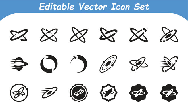 Set of orbiting celestial and abstract atomic vector icons with rotation molecule astronomy
