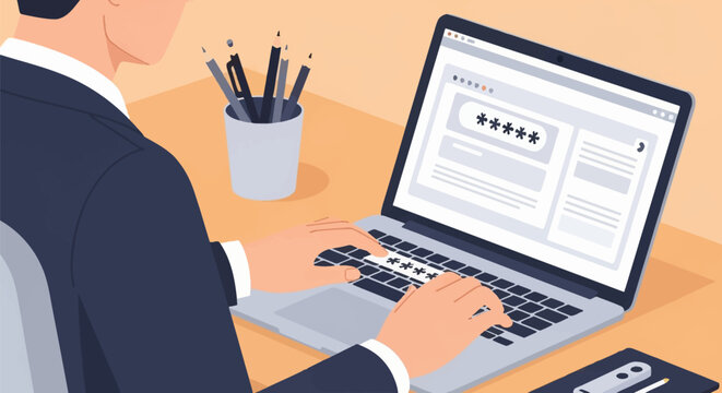 Flat vector illustration of a male office worker in a blazer typing a secure password into a laptop at a desk, with asterisk characters visible on the screen for privacy.