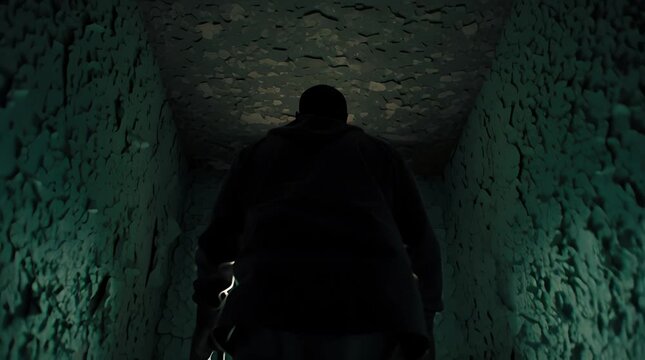 A hunched figure crawls across the floor of a decaying room towards a small bright window.