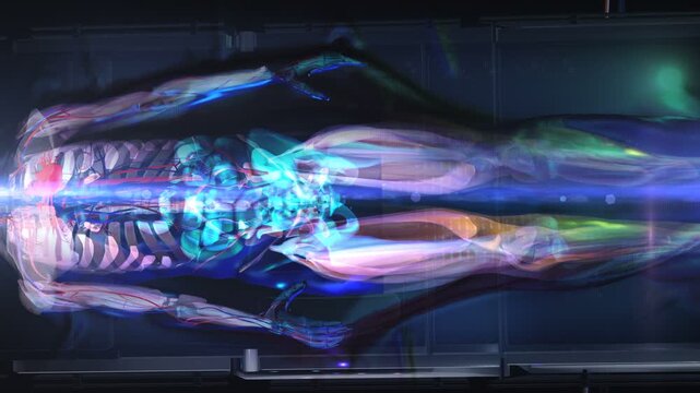Futuristic 3D medical animation of a human body scanner top view. Horizontal transparent digital silhouette showing heart, circulatory system, skeleton anatomy, muscles and internal organs