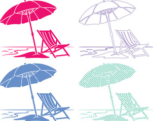 Vibrant beach umbrella and lounge chair vector illustration set, perfect for summer vacation and travel designs, a collection of four distinct color variations for tropical holiday themes © Abida