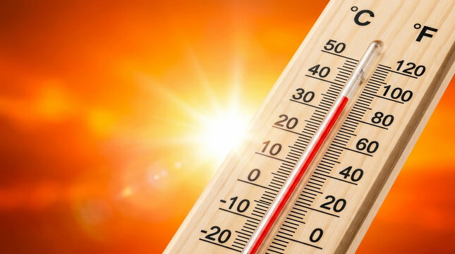 Thermometer temperature high weather heat sunlight Heatwave thermometer shows high temperature weather bright sunlight. Etreme global warming. sun hot warm heat stroke, red degree scale measure