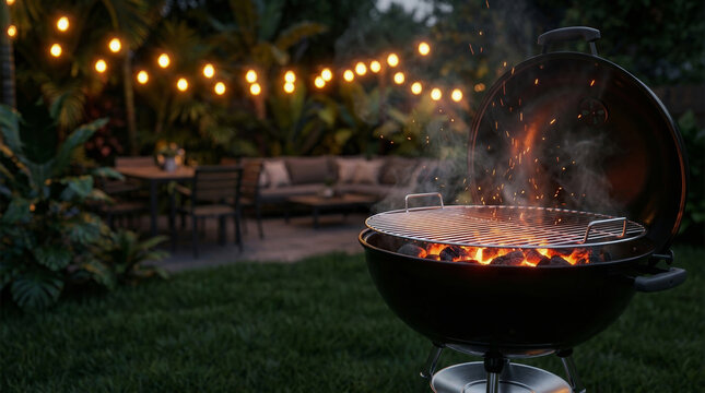 Party barbecue backyard summer grill fire Party barbecue backyard summer grill fire evening gathering. bar-b-q grill cooking food. friends person gathering celebration, weekend fun leisure garden