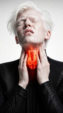 Woman touching throat with highlighted thyroid gland. Painful sensation in neck area. Medical visualization of endocrine system disorder, hyperthyroidism or goiter checkup concept.