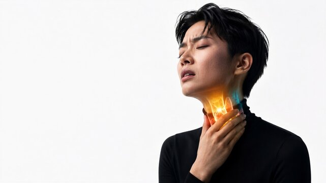 Woman touching neck with throat pain. Asian girl suffering from sore throat, inflammation, or laryngitis. Medical concept illustration of human health, illness, and healthcare therapy.