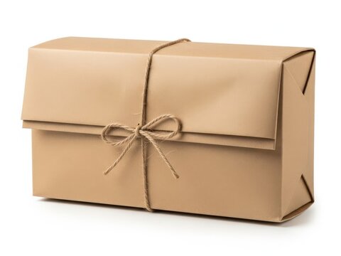 Rectangular brown paper wrapped package tied with twine on a white background, isolated parcel gift present