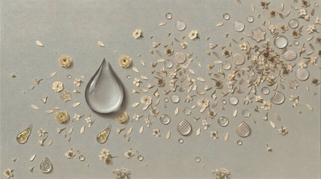 Elegant tone-on-tone background with a large clear water drop surrounded by floating beige and neutral floral elements on a textured white paper surface