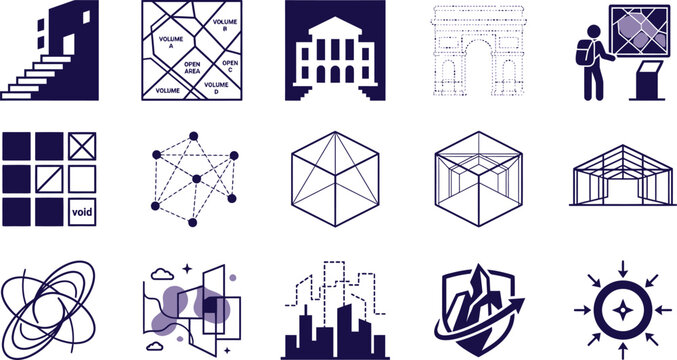 World tourism day vector icon sheet invisible architecture tourism non visible shadow space building isolated white background illustration violet