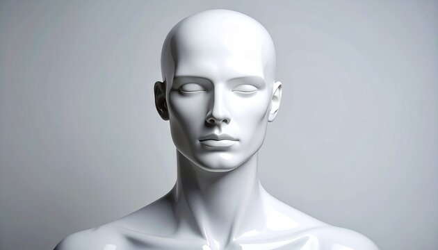 "White mannequin head and torso, smooth featureless design, minimalist symmetry, artistic display emphasizing form and proportion."