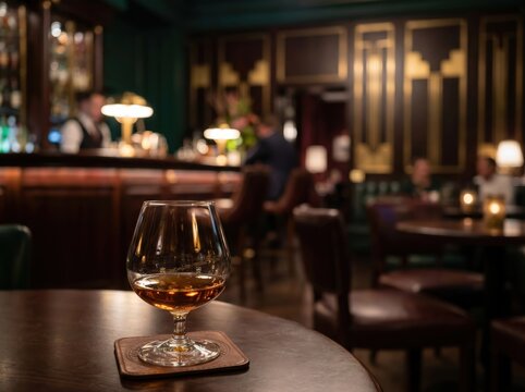 Whiskey glass on table luxury bar interior elegant atmosphere lounge tavern pub alcohol drink amber liquid cognac brandy snifter