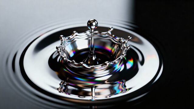 Dynamic liquid splash forming a crown shape with iridescent colors on a dark, reflective surface, high speed photography, abstract and modern, premium commercial stock image featuring modern pro siyam