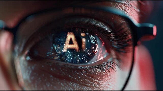 Close Up Eye Reflecting Artificial Intelligence Interface, AI Technology and Digital Innovation Concept