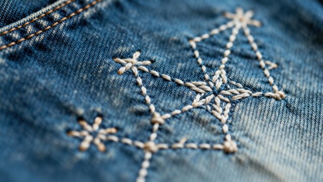 Close up of intricate Sashiko stitching on textured blue denim fabric, showcasing traditional Japanese embroidery detail with a shallow depth of fi, premium commercial stock image featuring mode siyam