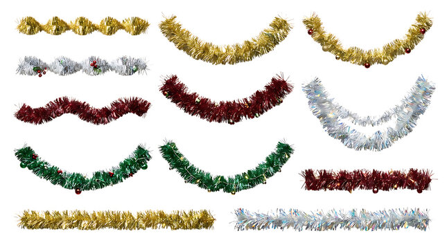 Large collection of colorful Christmas tinsel garlands in gold silver red and green colors isolated on a transparent background.