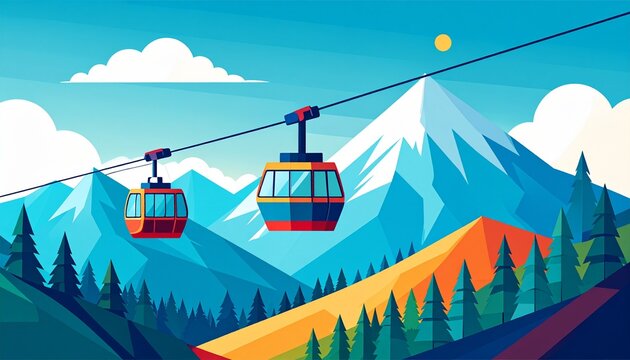 Colorful cable car ascending snow capped mountain peak.