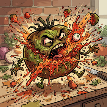 Angry tomato exploding with gore on kitchen counter
