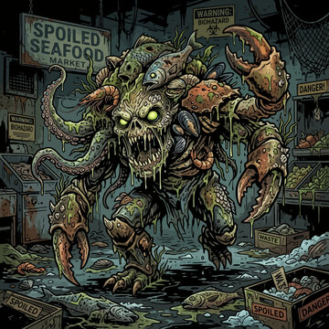 Mutant seafood monster in a spoiled market with biohazard warnings
