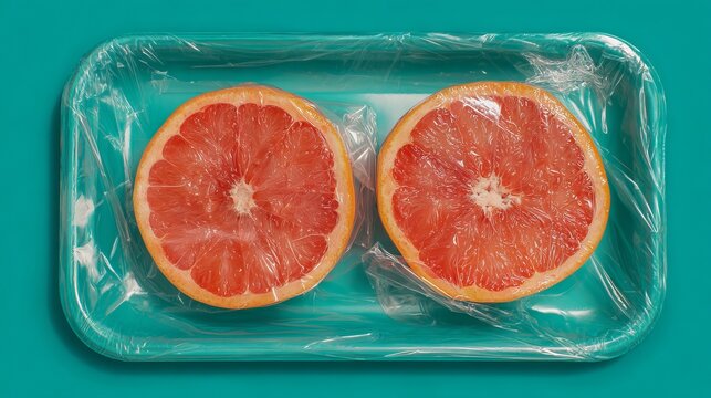 A vibrant teal tray holds two halves of a juicy grapefruit wrapped in clear plastic wrap on a solid teal background